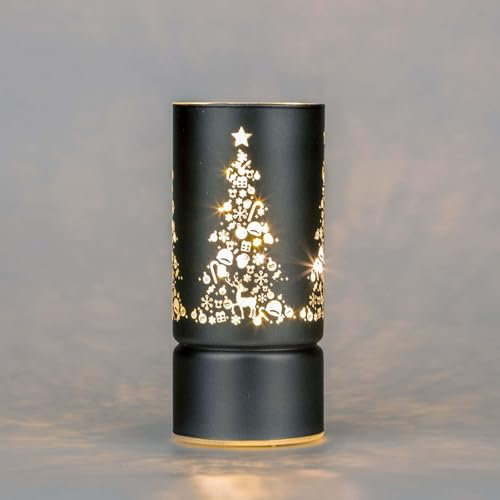 SHATCHI 17cm Christmas Decorated Vase Table Lamp Etched Glass Tube Xmas Grey Cylinder LED Fairy Lights Battery Operated Table Decoration
