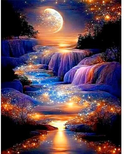 DCIDBEI Square Diamond Painting Mond Landschaft 40x50 cm - Leuchtend im Dunkeln, Vollmond, Wasserfall, Universum - Eckige Steine Landschaft