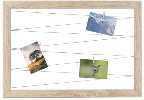CLAMARO 'Neo Collage Line' Fotohalter 60x40 cm | Eiche Sonoma | Querformat Bilderrahmen mit Fotoleine aus Juteband und Holzklammern | Ideal als Fotocollage Galerie, Fotowand oder Fotorahmen