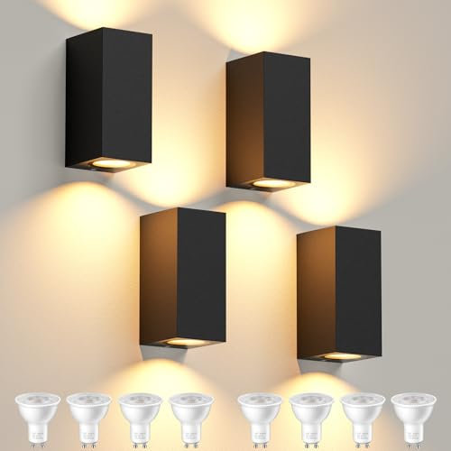 4 Stück Wandleuchte Aussen Innen, IP65 Wasserdichte 10W Warmweiß 3000K Aluminium Eckig Außen Wandlampe Außenlampe mit GU10 Glühbirnen Außenleuchte für Garten Front Badezimmer Veranda Garage, Schwarz