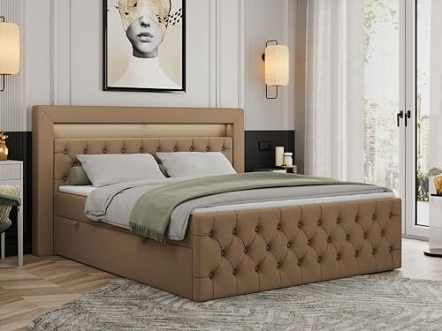 MKS MEBLE Boxspringbett 180x200 mit Led Braun Kunstleder, Bett Polsterbett 180x200 mit LED Kopfteil, Multipocket Matratze H3, Doppelbett mit Bettkasten Stauraumbett - Gold-9 - Braun Kunstleder