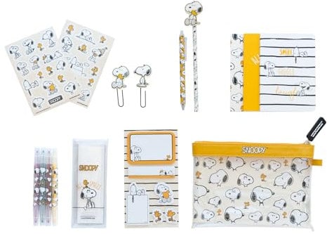 Grupo Erik Schreibwaren Set Peanuts Snoopy Kugelschreiber Bleistift mit Radiergummi - Federmäppchen Groß - Büroklammern - 4 Textmarker - Notizzettel Klebend Snoopy Fanartikel