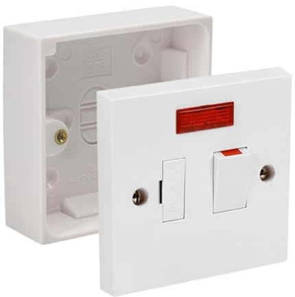 Fused Spur Side Flex 13Amps White Electrical Connection Unit - Optional Neon Indicator, Single 25/35/45mm Pattress Back Box Surface Mounted 1 Gang (Switched Fused Spur with Neon, SET with 25mm Box)