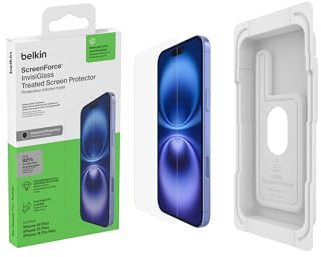 Belkin Protector de pantalla tratado ScreenForce InvisiGlass para iPhone 16 Plus, iPhone 15 Plus y 14 Pro Max - Protección de impacto resistente a los arañazos con bandeja de alineación fácil para una