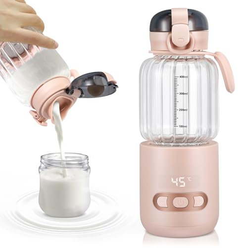 Calentador de biberones portátil de 400 ml, calentador de biberones, temperatura ajustable de 37 °C a 55 °C, calentamiento rápido y control preciso de la temperatura, recargable a través de USB para