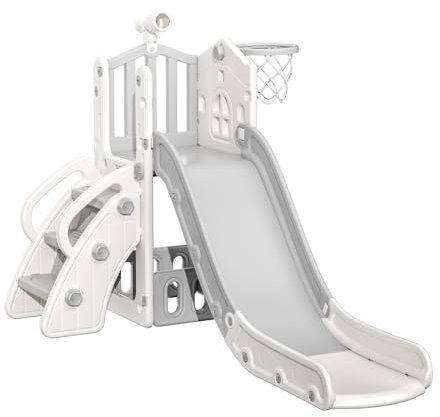 Warmiehomy Kids Slide with Climber, Basketball Hoop, Telescope, Storage Basket, 5 in 1 Toddlers Slide, Outdoor Indoor Plasyset for Kids Aged 1+, Birthday for Children