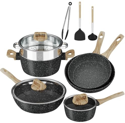 Topfset, HOMELUX Induktion Töpfe Set, 12-teilige Aluminium Topf und Pfannenset, Antihaft Topfset Induktion, Kochgeschirr Set mit Deckel, Töpfe & pfannen set PFOA & PFOS-freie, Schwarz