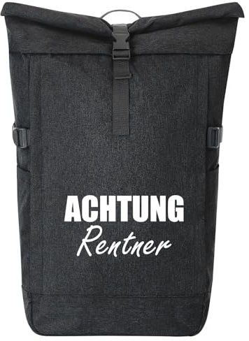 Huuraa Kurierrucksack Achtung Rentner Schriftzug Geschenk | 30-44 Liter Backpack Black Melange Fairtrade Rolltop Rucksack Geschenkidee Schwarzer Laptop-Rucksack passend für 17-Zoll