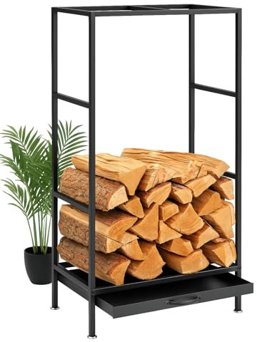 DanDiBo Kaminholzregal Innen Metall Schwarz 80x50x25 cm Brennholzregal Holzaufbewahrung Kaminholzständer mit Schublade