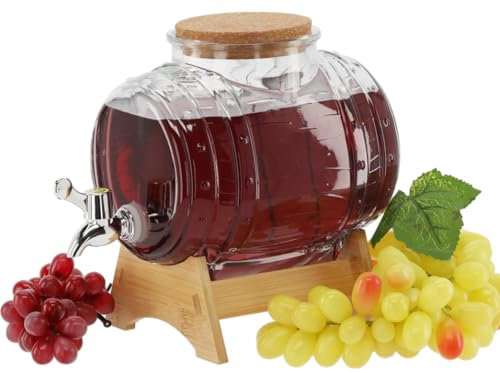 3L Glasfass mit Holzständer – Getränkespender mit Zapfhahn für Whisky, Schnaps, Wein und andere Getränke – Karaffe mit Holzuntersatz, Alkoholspender