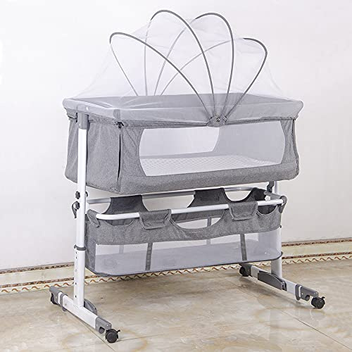 Beistellbett 3 in1 Babybetten Tragbar Babybett mit atmungsaktivem, Verstellbarer Stubenwagen Beistellbett mit Aufbewahrungskorb, 92 x 58 x 70–90 cm - Cremeweiß