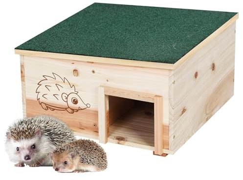 BingoPaw Casetta per Riccio in Legno di Abete per Piccoli Roditori Bilocale Casa per Ricci Posto per Letargo con Tetto Antipioggia Staccabile 38x38x20cm