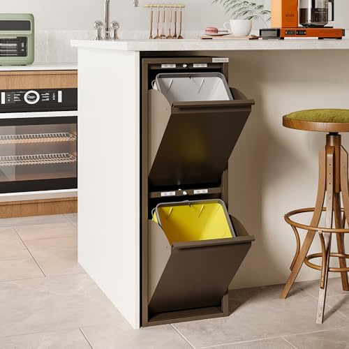 VEEHAUS Poubelle cuisine à rabats acier, 2 bacs, 15 L - 30 L, Beige | Joint anti-odeurs, Pose libre, prémonté, Usage intérieur, Ouverture manuelle par rabats, Bacs intérieurs amovibles