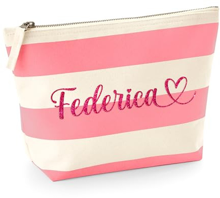 Caribu design Pochette in Cotone a Righe Personalizzata con Nome Iniziali Testo - Borsa Trucchi Cosmetica da Viaggio con Cerniera - Idea Regalo Ragazza Donna Beauty Case (Rosa/Panna)