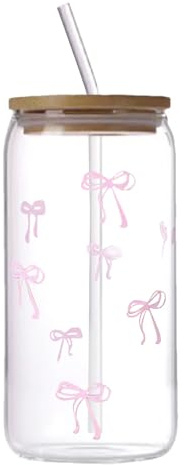 Xijobido Glass Cups with Lids and Straws - 500ml Cute Bow Bottle,Matcha Mug,for Iced Coffee Cocktail Matcha Tea Drinking Water Bar Home Kitchen Girls