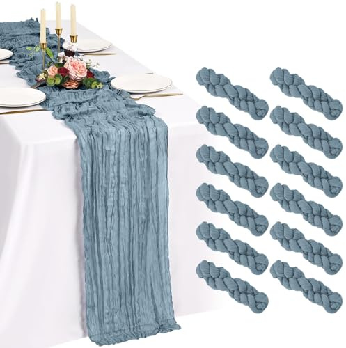 12 Pack Staubiges Blau Käsetuch Tischläufer 10FT Boho Gaze Käsetuch Tischläufer Abwaschbar Romantische Rustikale Tischdekorationen für Hochzeit Party Geburtstag Feiertag Zuhause(55x300cm)