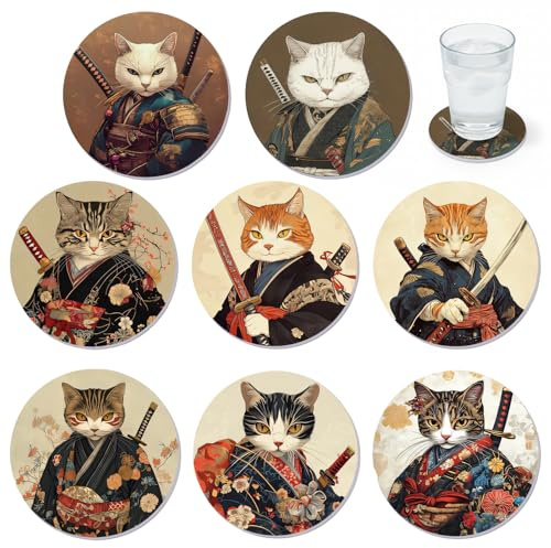8 Stück 10CM Lustige Untersetzer Mit Samurai Katze Design, Rund Coasters Für Tassen Und Gläser, 0,5cm Dicke Wiederverwendbare Untersetzer Für Büro Hause Tischdekoration