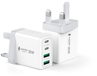 Tupneuf [2-Pack] 60W USBC Fast Charger Plug UK, 4-Port Multi Mains Wall Charger, 30W Dual Port PD Power Adapter(5V/3A, 9V/3A, 12V/2.5A) Type C Charging Plug for iPhone 17 16 15 14 13 Pro Max, iPad