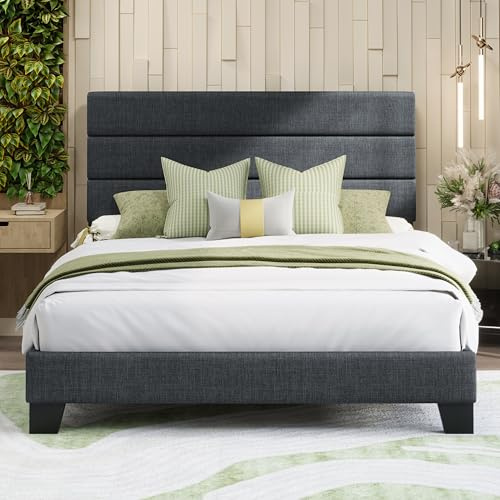 MUTICOR Polsterbett 160x200 cm Stoff mit gepolstertem Kopfteil, Dunkelgrau | Leinenoptik Bezug, Weiches Kopfteil, 11,5 cm Stauraum, 363 kg Belastbarkeit, Geräuschfrei, Einfache Montage