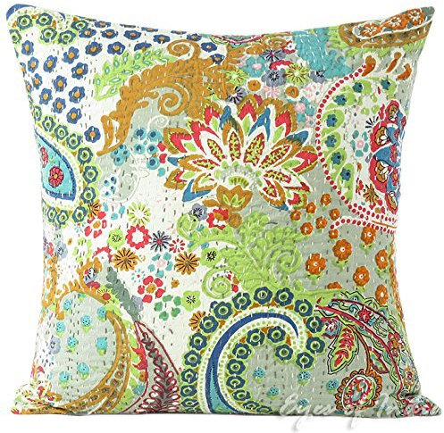 Sophia Art Indian handgefertigt Baumwolle Kantha Paisley Kissenbezug dekorativer Überwurf-Sofa Kissenbezug, 40,6 x 40,6 cm (grau