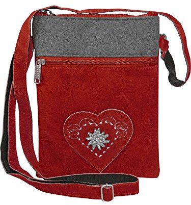 Harrys-Collection Umhänge Trachtentasche Leder Velour mit Applikation Herz Stickerei und Edelweiß, Farben:rot