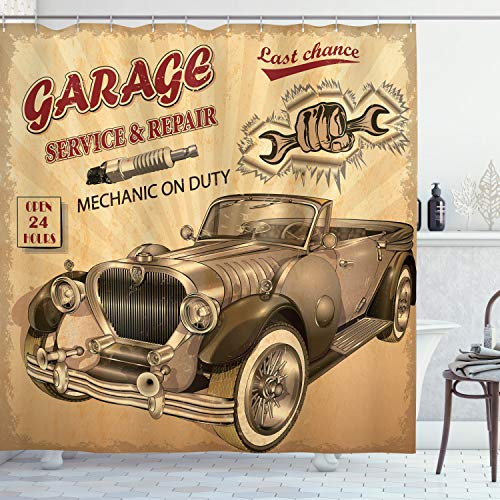 ABAKUHAUS Vintage Duschvorhang, Old Style Car Repair, Stoffliches Gewebe Badezimmerdekorationsset mit Haken, 175 x 220 cm, Sepia Red