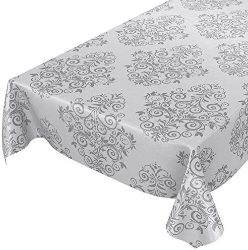 ANRO Wachstuchtischdecke Wachstuch Wachstischdecke Tischdecke abwaschbar Ranken Barock Arabeske Grau 220 x 140cm eingefasst