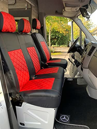 Texmar Passend für Mercedes Sprinter 2006–2018, VW CRAFTER 2006–2018, LHD, schwarz-rot, Öko-Leder-Sitzbezüge 2 + 1 (1 Einzel- 1 Doppel)