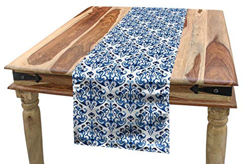 ABAKUHAUS Blau Tischläufer, Indigo-viktorianischer Entwurf, Esszimmer Küche Rechteckiger Dekorativer Tischläufer, 40 x 180 cm, Benzinblau Türkis und Weiß