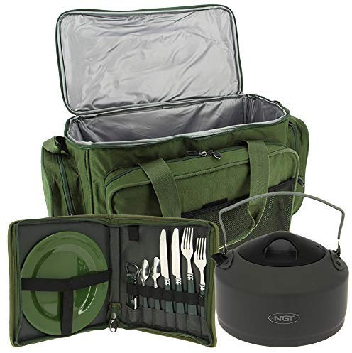 DNA NGT Carp Fishing Camping Green Insulated Carryall with Cutlery Set and Plate & 1.1L Aluminium Kettle