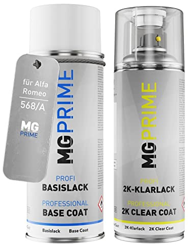 MG PRIME Vernice per auto Spray per Alfa Romeo 568/A Grigio Titanio Me. +2K | Titan Grau Metallic / Grigio Titanio Metallic, Kit vernice di base + trasparente 2K, bombolette spray 400ml