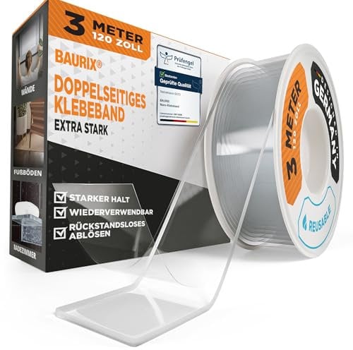 BAURIX® Nano Tape Doppelseitig [3m] – Starkes Klebeband für Wand, Teppich & Deko – transparent, waschbar, wiederverwendbar – ideal für DIY und professionelle Anwendungen