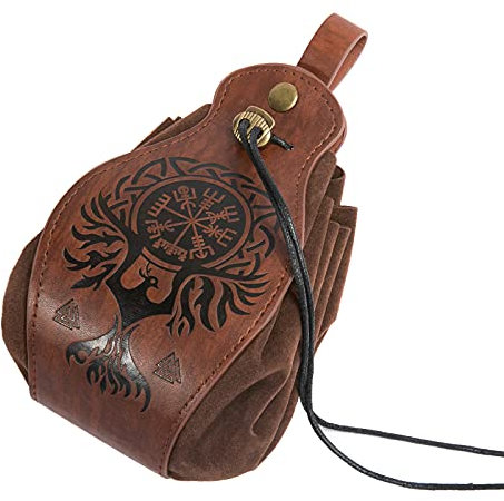 HiiFeuer Mittelalter Kunstleder Tasche, Tragbare Kordelzug Geldbörse, Vintage Gürteltasche Würfeltasche Für LARP Ren Faire (Phoenix Braun)