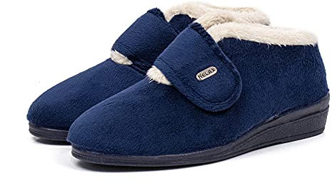 CoboFamily Botines Casa Mujer Invierno, Zapatillas Casa Cómodas, Botas Paño Cuña, Suela Caucho Made IN Spain (35,295Marino)