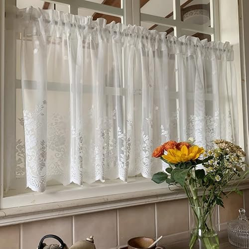 Devola Pastorale Art Scheibengardine Romantisch Blumenmuster Besticke Flächenvorhang transparent Garn Bistrogardine Moderne Kurzstore Cáfe Gardine Landhaus Küchengardine HxB 90x200cm Weiß 1er Pack