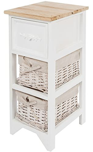 Spetebo Vintage Holz Kommode weiß mit 2 Rattan Körben - 62 x 32 cm - Standregal mit Schublade im Landhaus Stil - Aufbewahrungs Korb Regal freistehend für Badezimmer Wohnzimmer Wintergarten