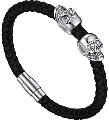 Bandmax Totenkopf Lederarmband Herren Schädel Armband Leder Manschette Armband Länge 19 CM Partnerarmbänder mit Magnetverschluss Gothic Totenkopf Schmuck für Geburtstag