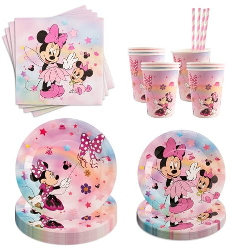 Partygeschirr Kindergeburtstag, 90 Stück Minnie Mouse Geburtstagsdeko Baby Geburtstags Geschirr Deko, Rosa Mädchen Geschirr Set, Kindergeburtstag Deko Servietten Pappteller Pappbecher für 10 Kinder