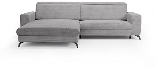 CAVADORE Ecksofa Bounce mit Cord-Bezug / Eckcouch mit Schlaffunktion, Bettkasten + Kopfteilverstellung / 290 x 88-108 x 178 / Breitcord, Hellgrau