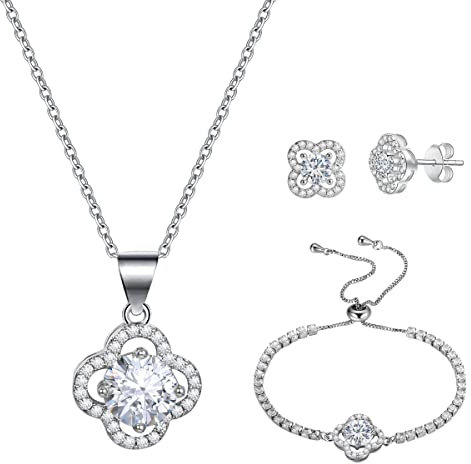 Emibele Glück Schmuckset von Klee Armband & Ohrstecker & Halskette, Klassisch Weißgold Plattiert Armband, Glück Anhänger Halskette und Kubisch Zirkonia Ohrstecker für Damen Muttertag Schmuck Geschenke