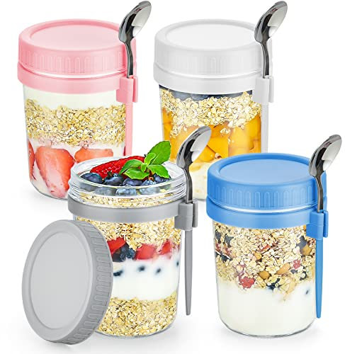 DRKIO 4 Pack Overnight Oats Containers with Lids and Spoons 16 Oz Glass Mason Jars for Overnight Oats Leak Proof Oatmeal Container Great for Cereal Fruit Vegetable Milk Salad Yogurt Meal Prep