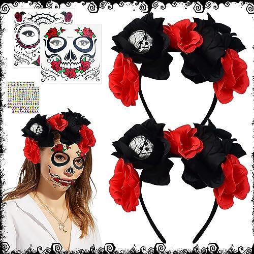 LANSKYLAN 2 Stück Halloween Haarreif Totenkopf Haarreifen Blumen Haarreif tag der toten mit Gesicht Tattoos Halloween Blume Stirnband Mexikanische Stirnband Rosen für Halloween Kostüm Tag Der Toten