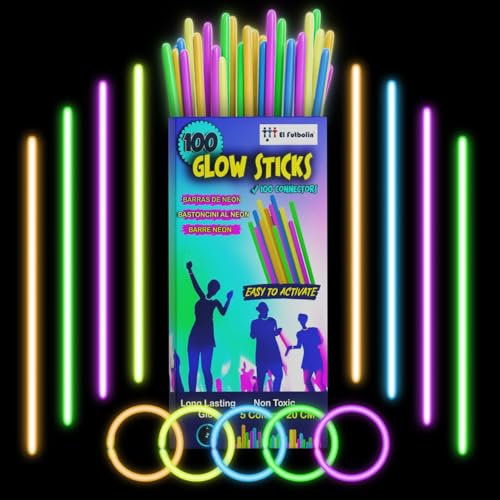 EL FUTBOLIN | Pulseras Luminosas Fluorescentes | 100 Barras Luminosas + 100 Conectores | Regalo Fiesta de Cumpleaños | Barras Luminosas Flourescentes | Neon