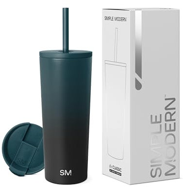 Simple Modern Thermobecher mit Strohhalm und Deckel | Trinkbecher mit Henkel Wiederverwendbare Edelstahl | Geschenke für Frauen und Männer | Classic | 710ml | Moonlight