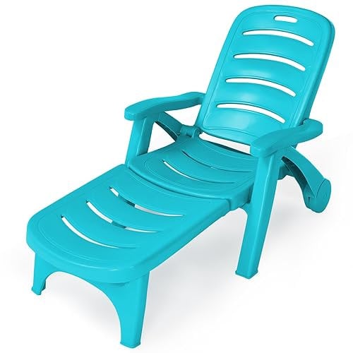 COSTWAY 2-IN-1 Sdraio da Giardino Pieghevole, Sedia da Esterno Convertibile e Leggero, Lettino Prendisole Reclinabile in 5 Posizioni con Ruote, per Giardino Bordo Piscina Spiaggia (Azzurro)