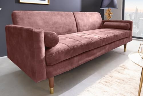 LEBENSwohnART Elegantes Schlafsofa DIVANO 196cm Altrosa Mikrovelours 3-Sitzer Sofa Bettfunktion Couch inkl.Kissen