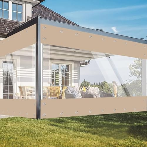 Lona transparente con ojales, impermeable, 420 g/m², PVC, protección contra el viento, protección contra la lluvia para jardín, cenador, terrazas, balcones, invernaderos (caqui, altura 2,4 m x ancho