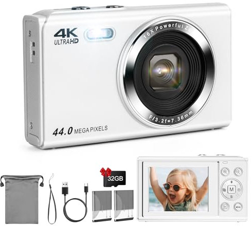 SOPPY Digital Camera,Vlogging Camera with 32G Memory Card,FHD 1080P 44MP Compact Camera,2.4 LCD Screen Rechargeable Camera with 16X Digital Zoom, Mini Camera for Kids Boys Girls Beginners,White