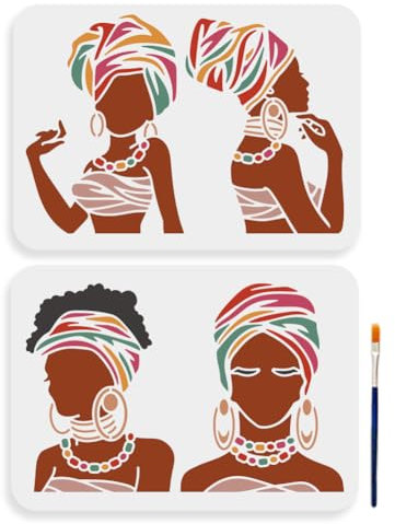 MAYJOYDIY 2 Stück Kopftuch Damen Schablone 29.7 × 21cm Afrikanische Stammesfrauen Zeichenschablone Weibliche Schal Stammessilhouette Schablone Für Holz Leinwand Boden Wand Möbel Dekoration