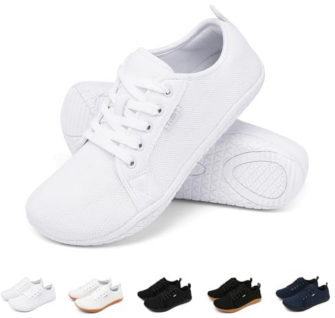 Geweo Barfußschuhe Sneaker Breite Walking Schuhe Barfuss Damen Herren Trail Laufschuhe Minimalistische Fitness Knit Unisex Weit rutschfest Zehenschuhe Zero Drop Solhe Freizeit Weiß 40EU